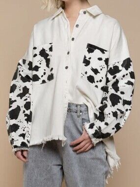 POL White Denim Cow Printed Jacket with Silver Buttons
